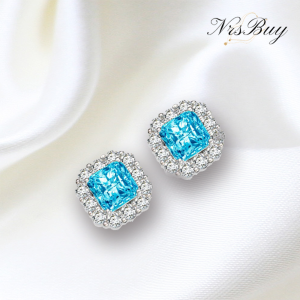 Blue square ice flower cut high carbon diamond earrings